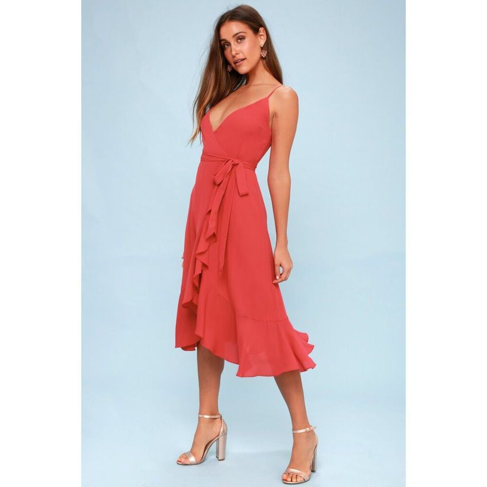 NWT LULUS Manhattan Moment Berry Pink High Low Ruffled Midi Wrap Dress Small
